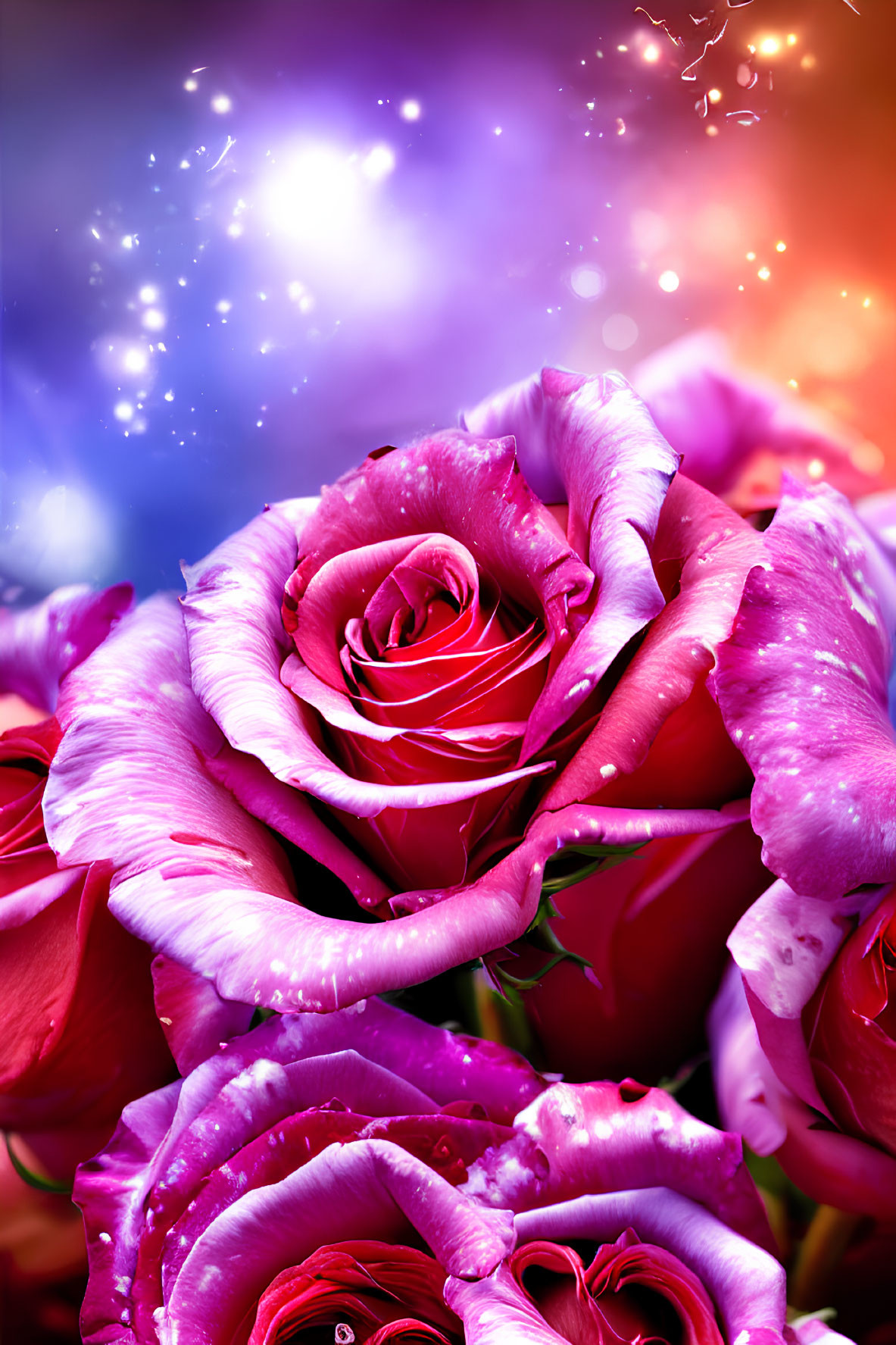 Colorful Purple Rose Bouquet on Cosmic Background with Stars