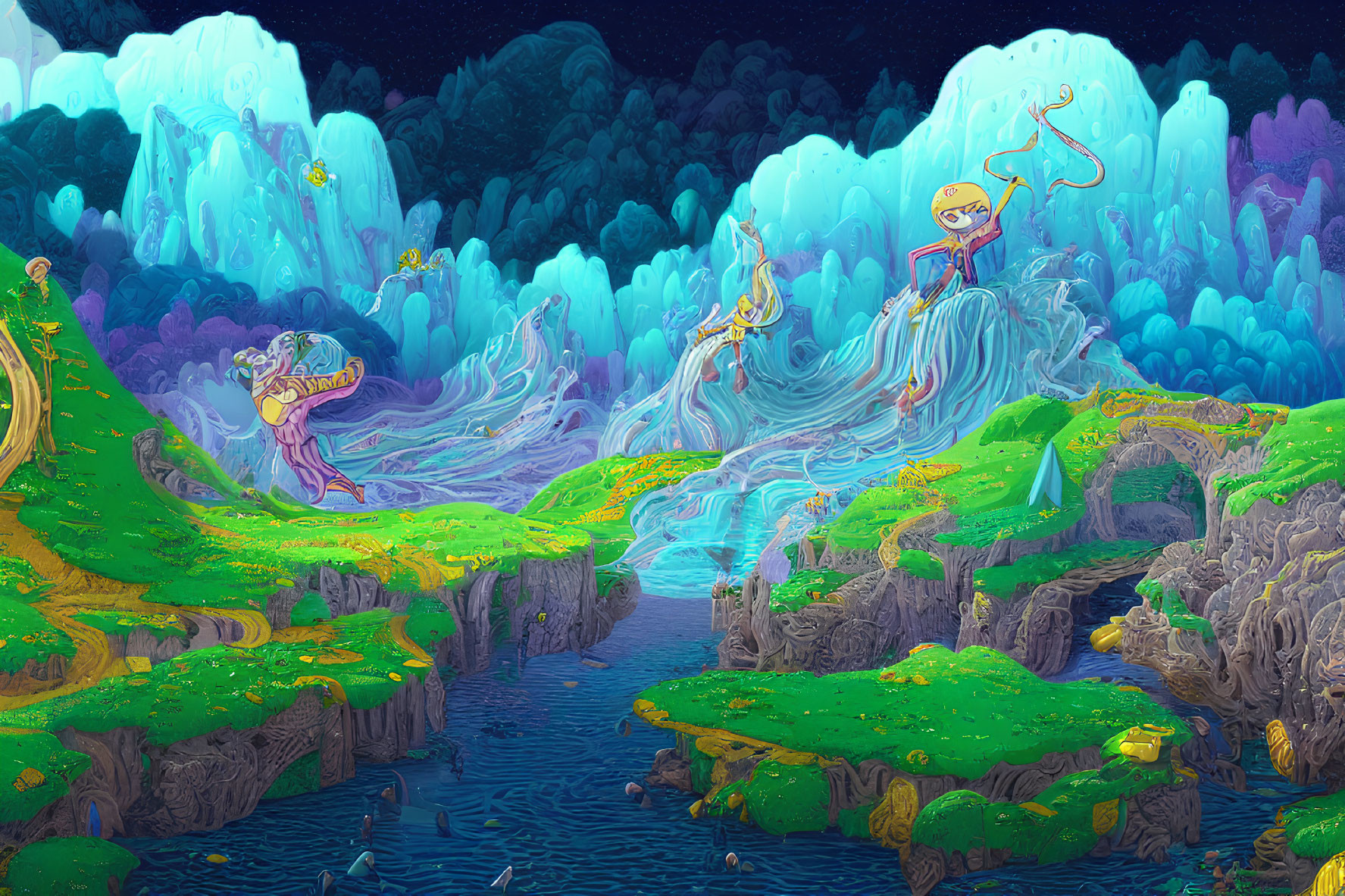 Surreal landscape with blue waterfalls, floating islands, and whimsical characters