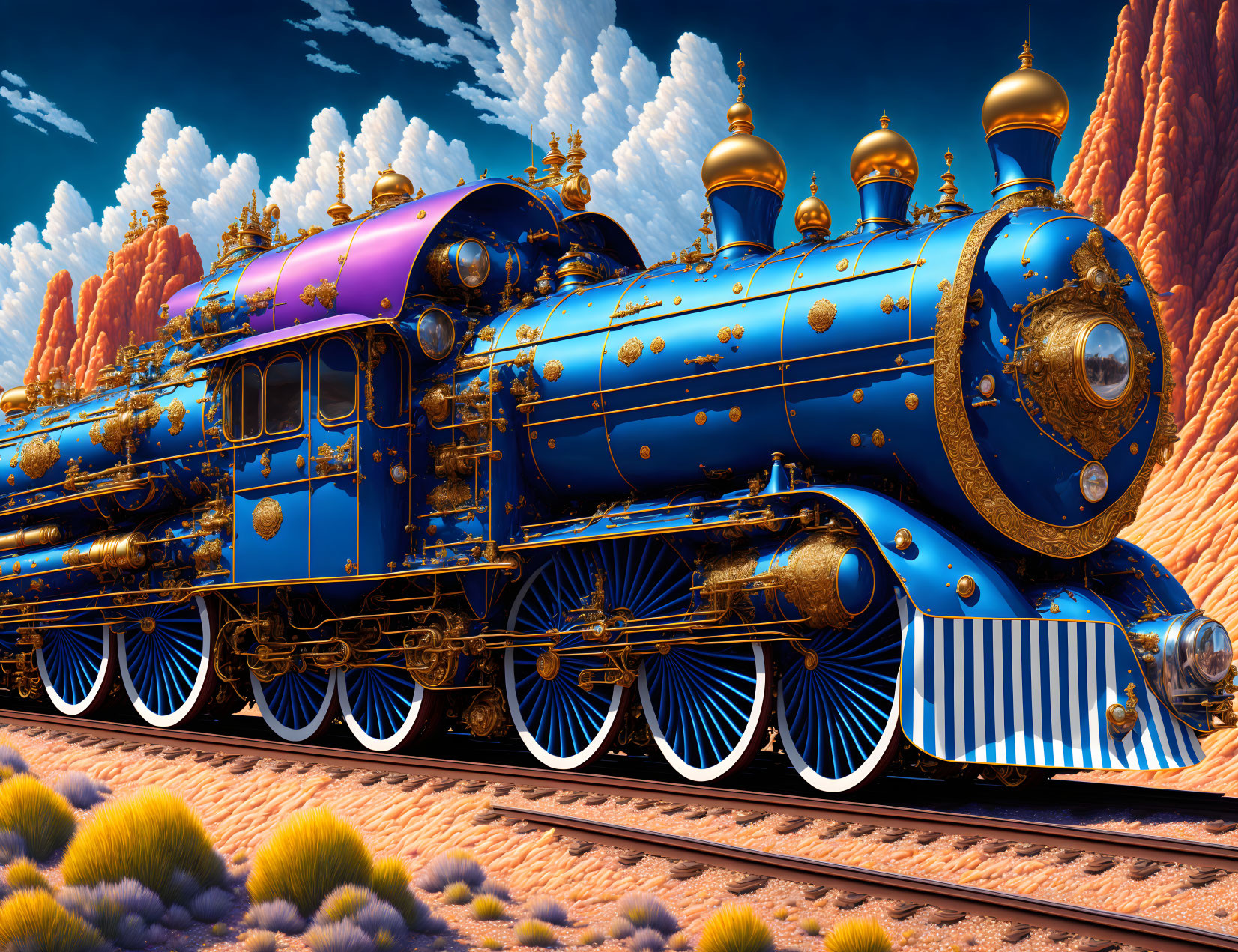 Blue and Gold Steam Locomotive on Tracks with Whimsical Architecture in Desert Landscape
