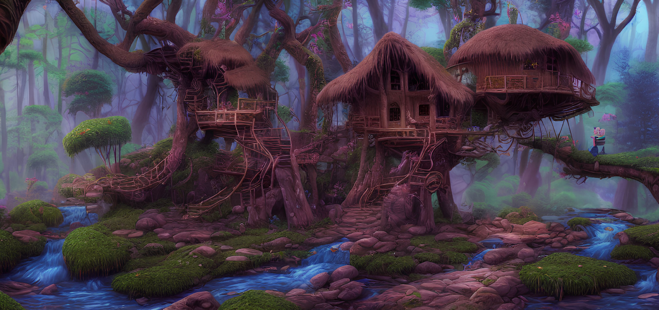 Thatched Roof Fantasy Tree Houses in Foggy Forest