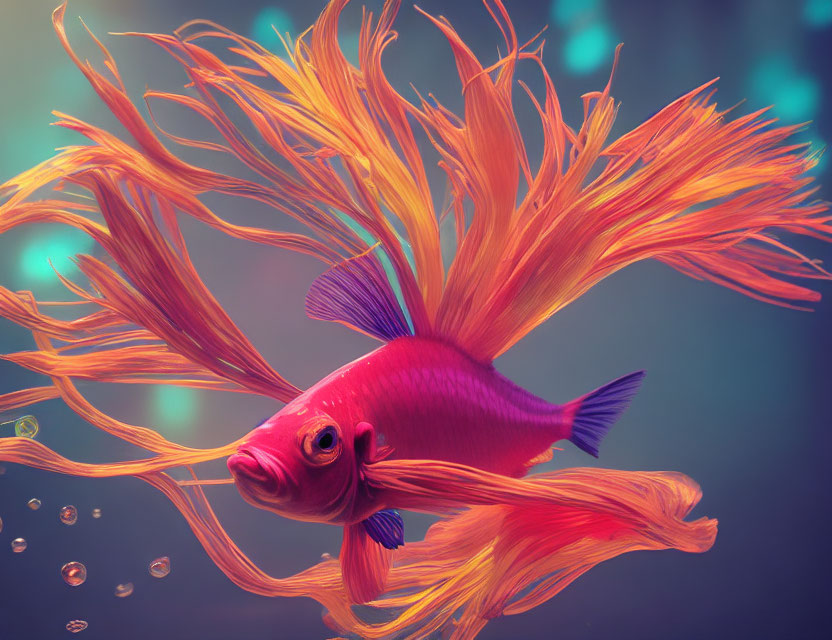 Colorful pink fish with orange fins swimming underwater in soft light and bubbles