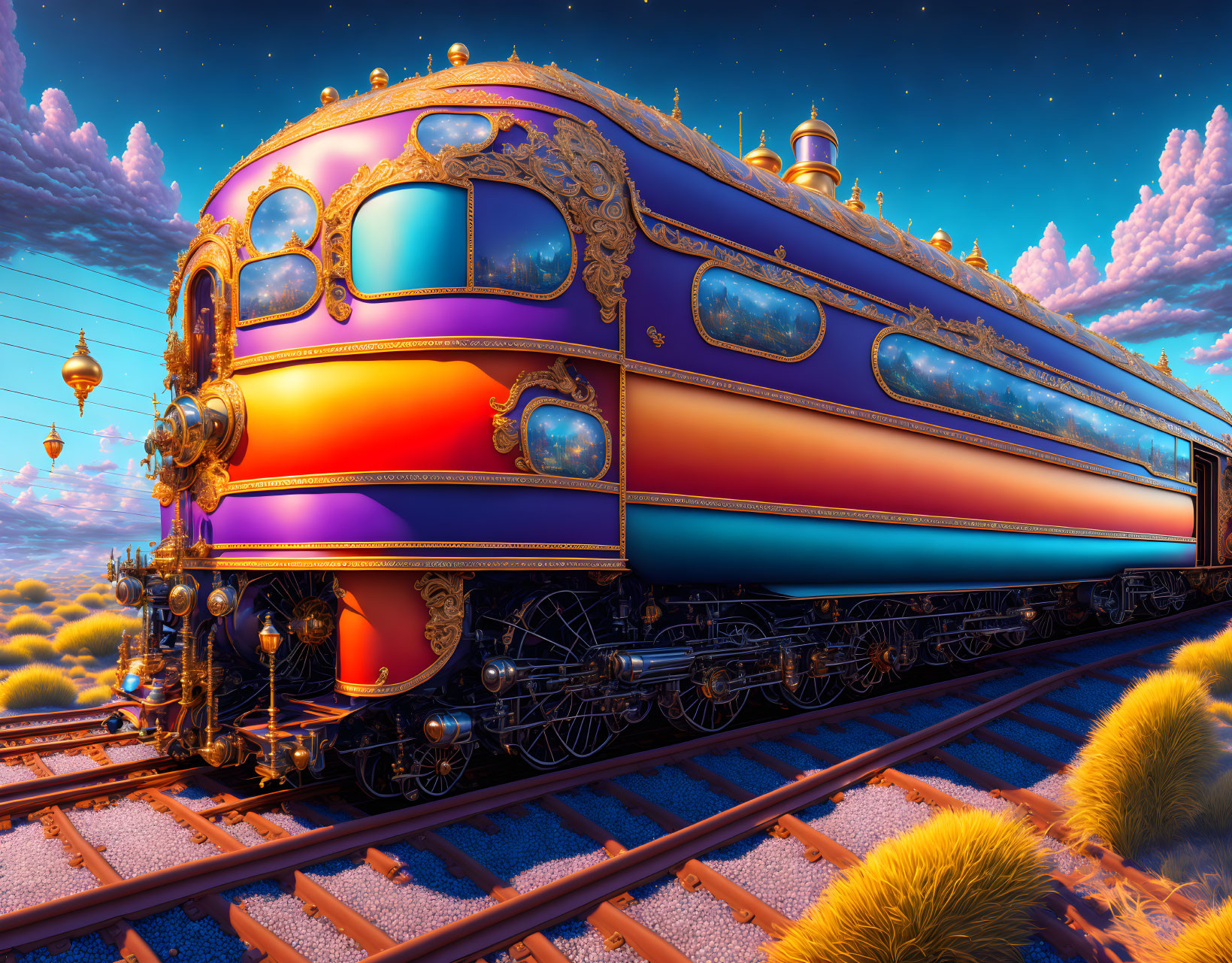 Colorful Fantasy Train with Golden Details on Track at Dusk
