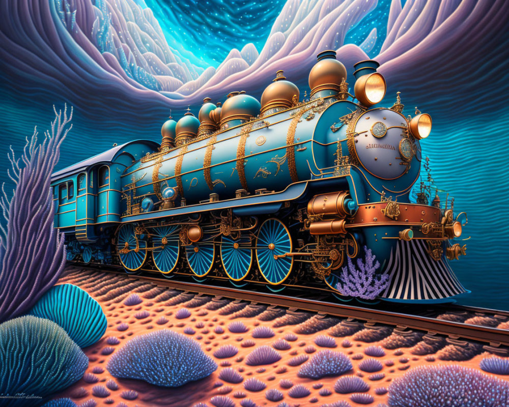 Ornate Blue and Gold Steam Locomotive Underwater with Coral and Sea Life