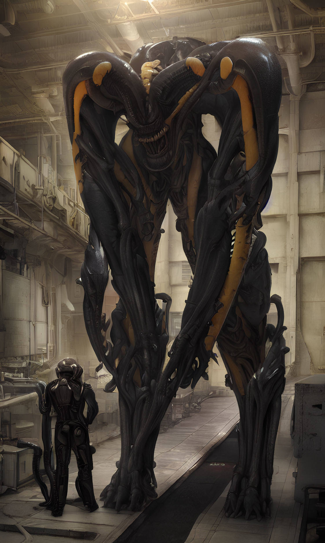 Giant alien creature with exoskeleton confronts figure in futuristic suit