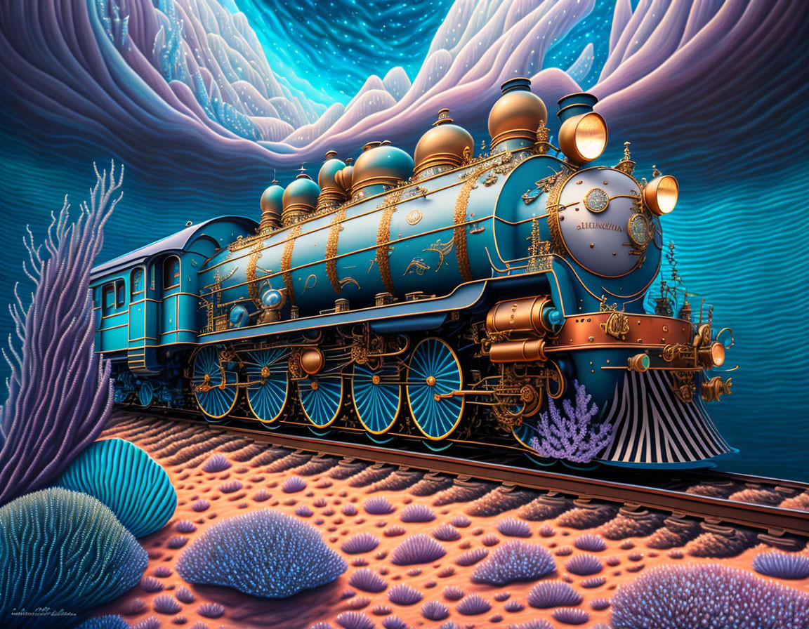 Ornate Blue and Gold Steam Locomotive Underwater with Coral and Sea Life