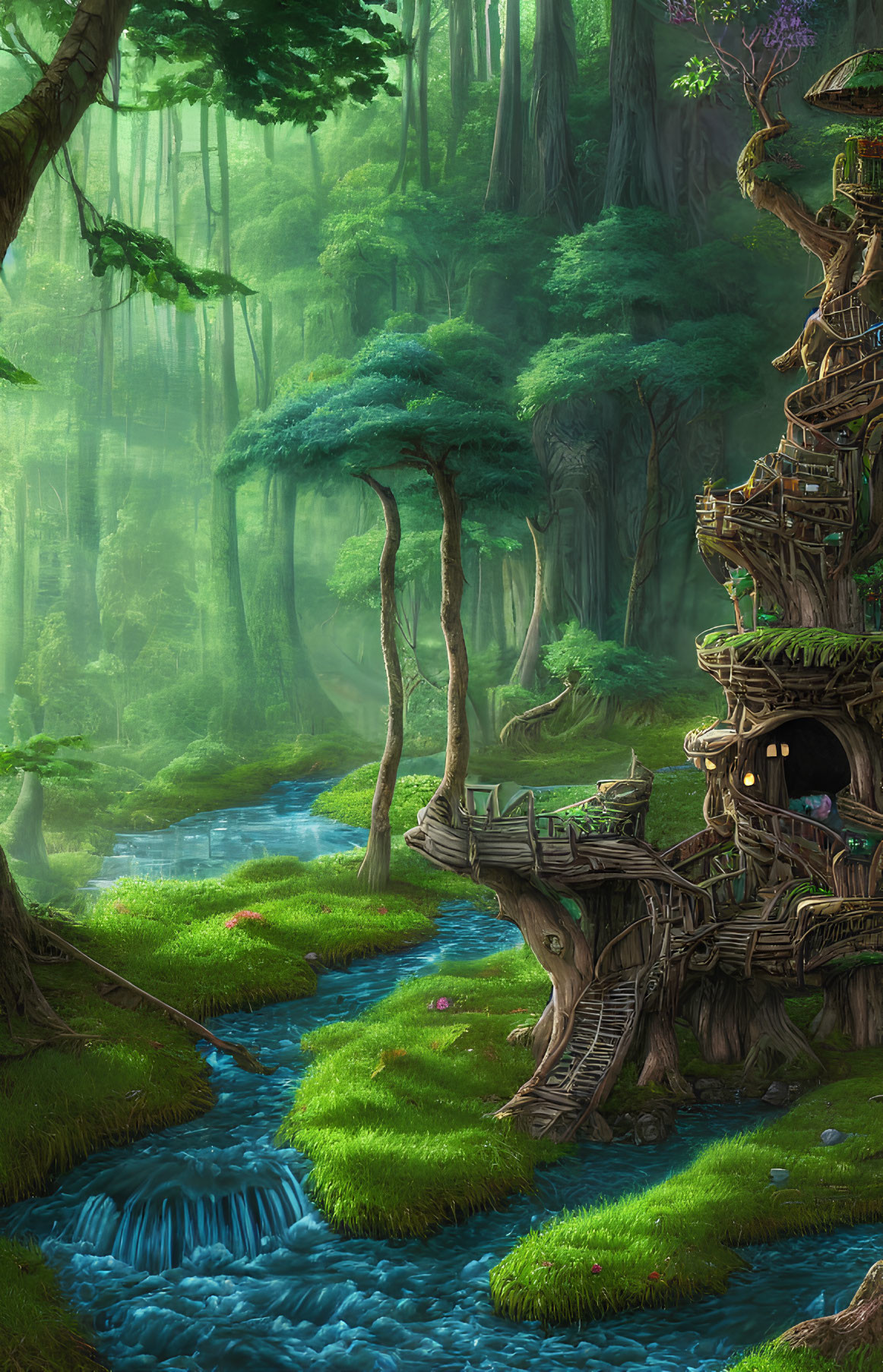 Mystical treehouse in enchanted forest near tranquil stream