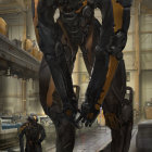 Giant alien creature with exoskeleton confronts figure in futuristic suit