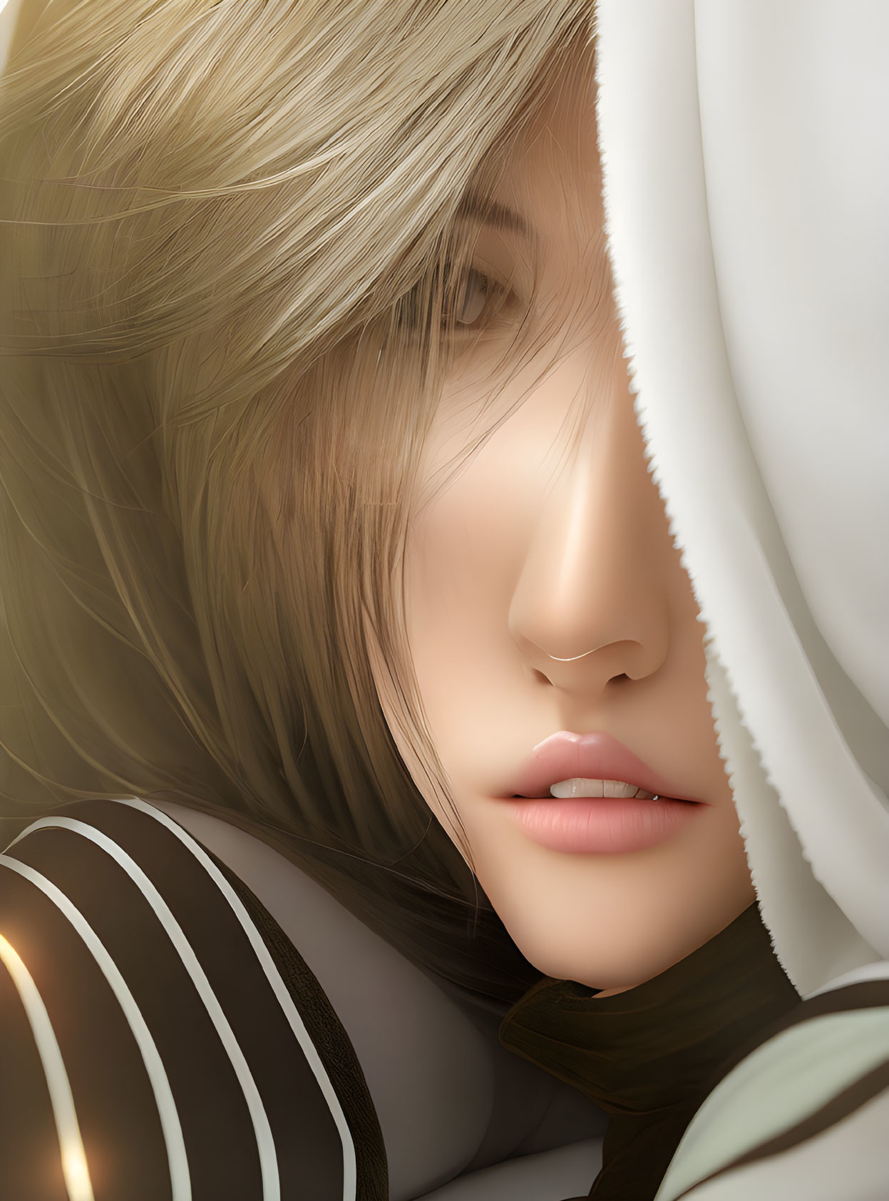 Blonde woman with white cloth in close-up digital art portrait