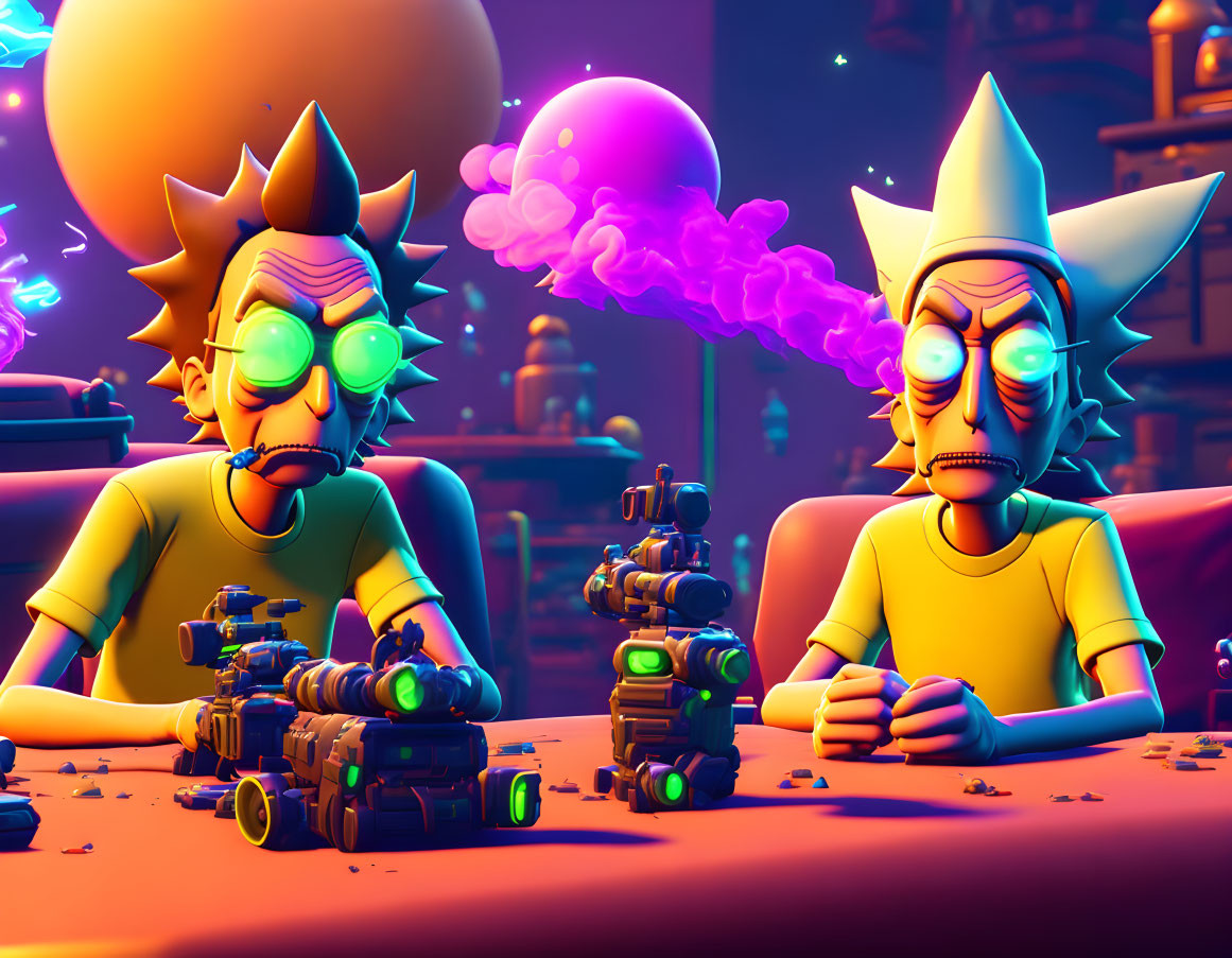 Animated characters with spiky hair in chaotic laboratory scene