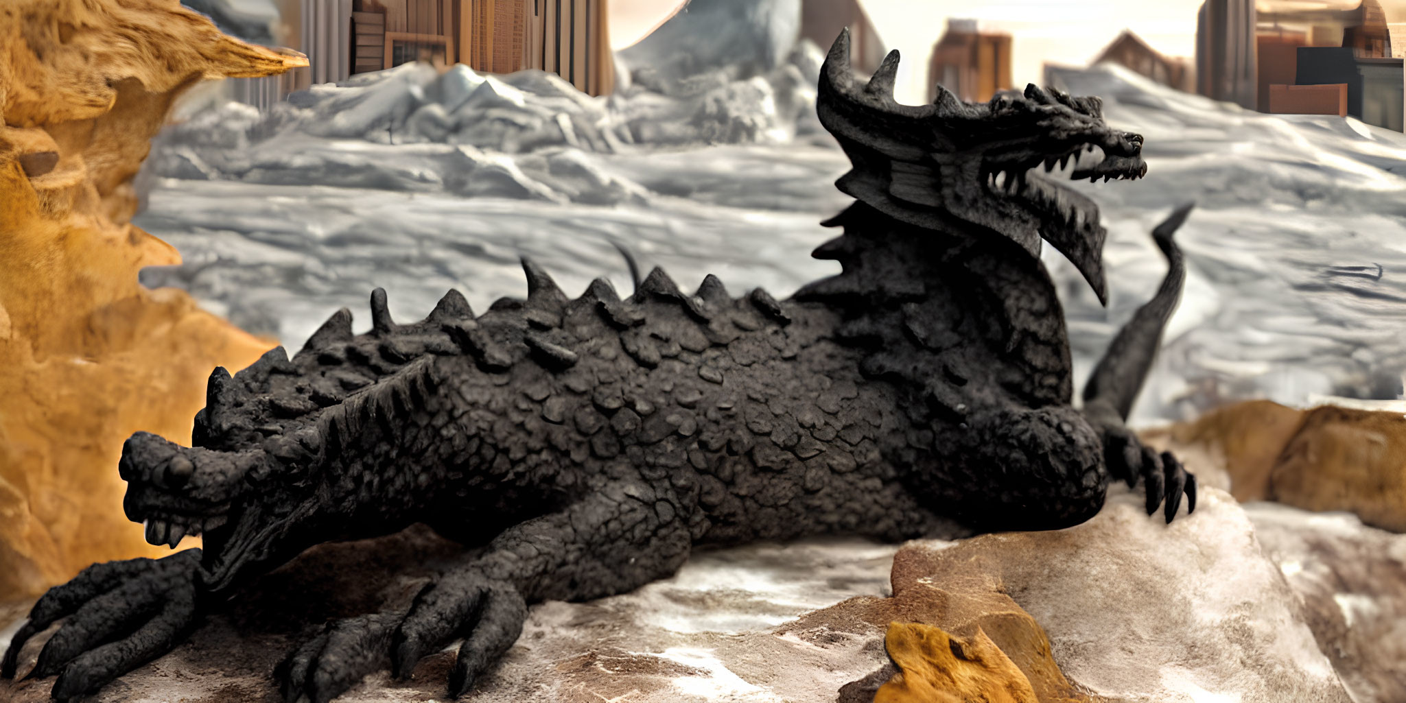 Black dragon with multiple horns on rocky terrain amid snow-covered mountains.