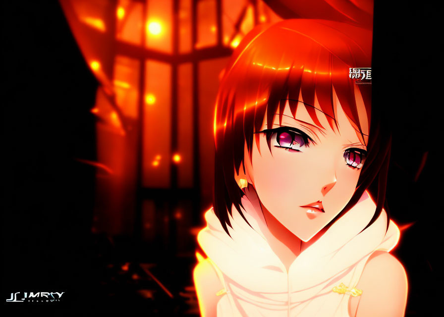Brown-haired anime girl in white outfit, purple eyes, night scene.