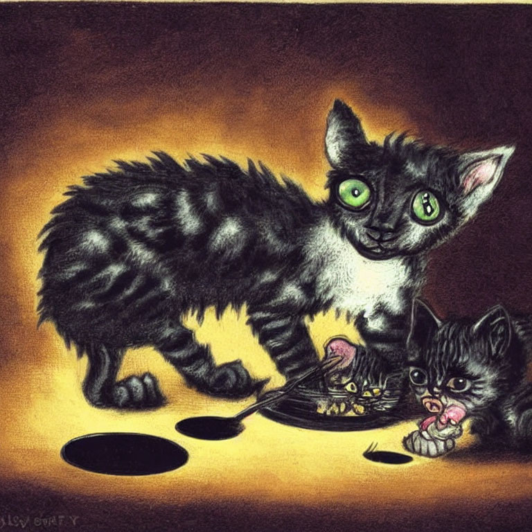 Two cartoon kittens with large green eyes in a warm, dark setting