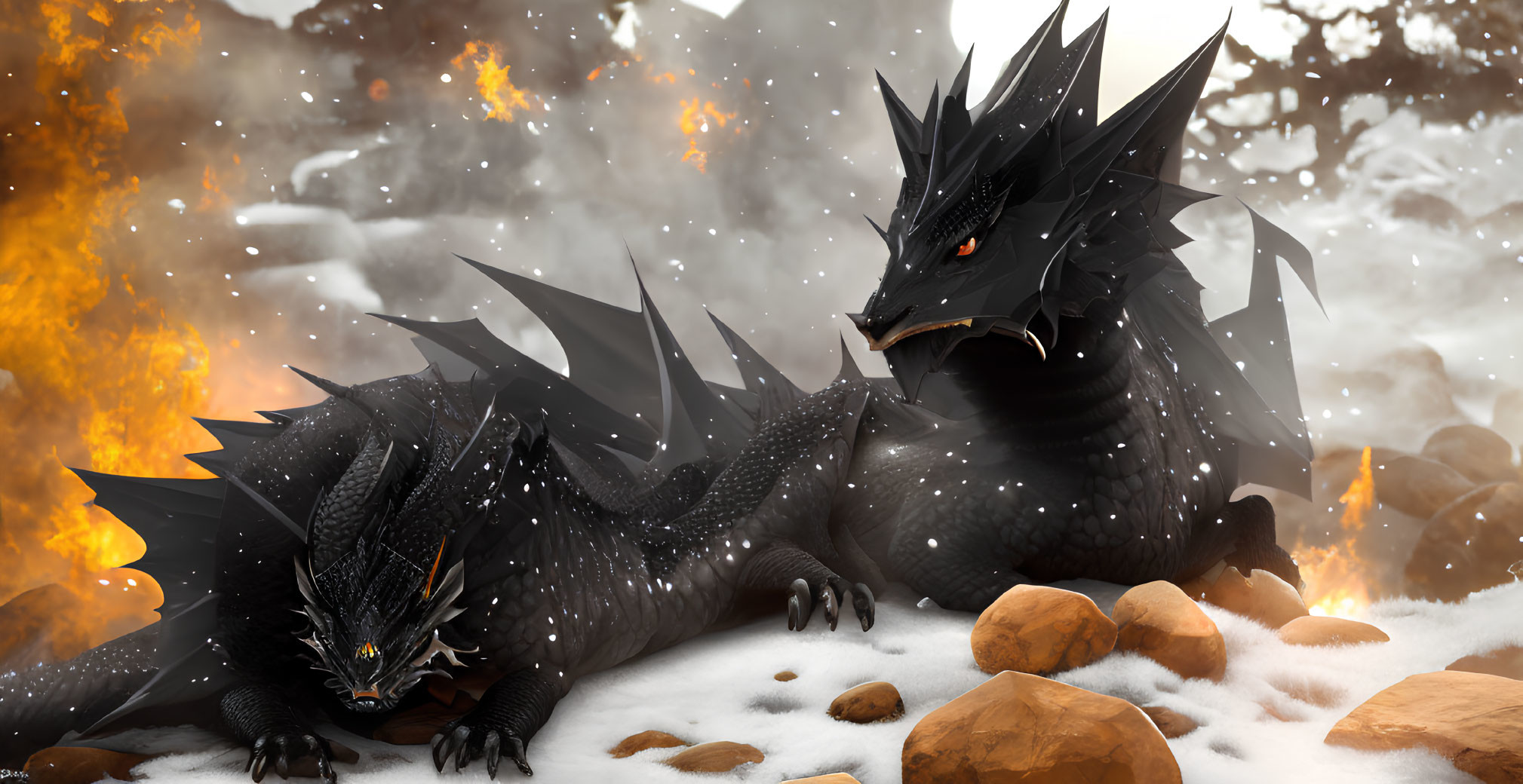 Black dragon with orange eyes amidst rocks and snow in scorched landscape