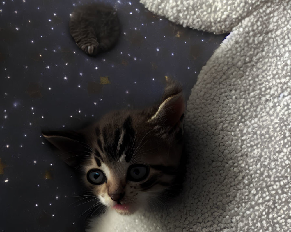 Curious kitten with striking markings under white blanket on starry background