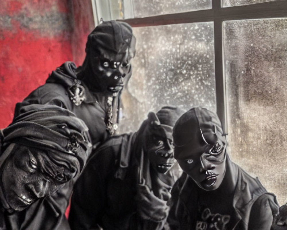 Three individuals in dark, stylized outfits with masks posing by a foggy window and red wall.