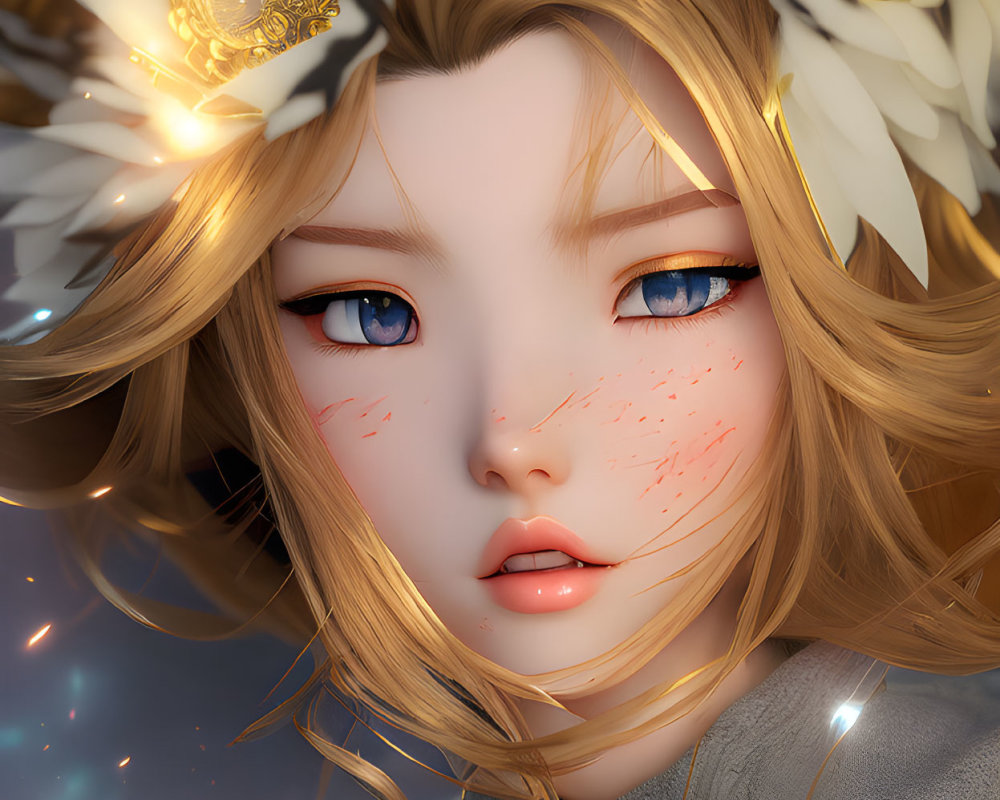 Stylized female character with blue eyes and golden accessories