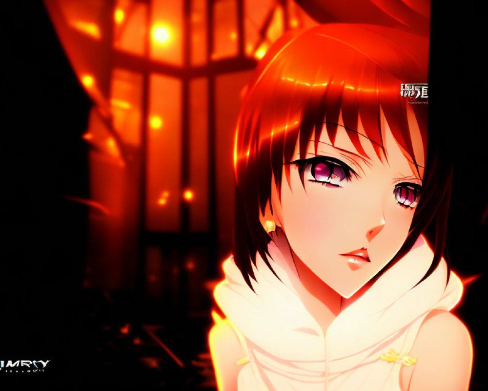 Brown-haired anime girl in white outfit, purple eyes, night scene.