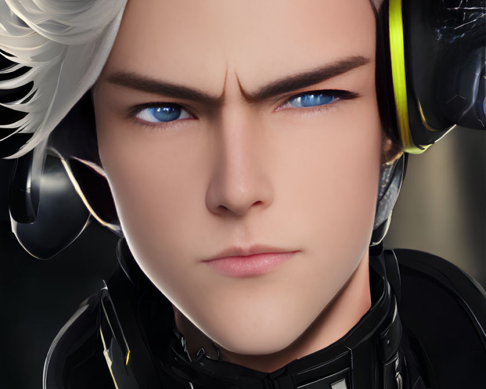 Male animated character with blue eyes, silver hair, headphones, futuristic black outfit