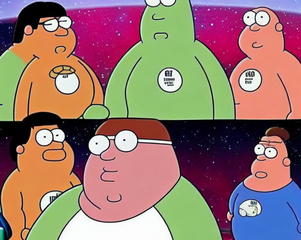 Two animated characters with different expressions on cosmic background