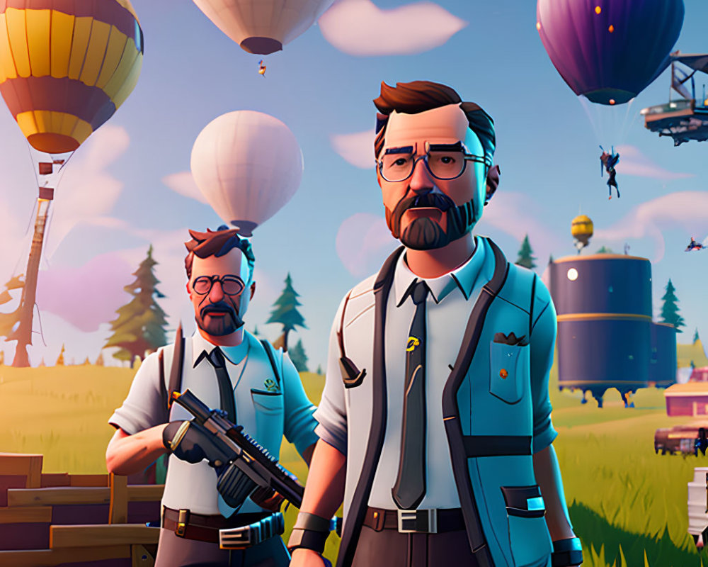 Animated characters in game environment with weapon, hot air balloons, and water tower.