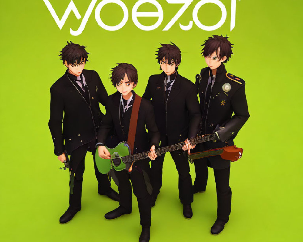 Four Male Anime Characters in Black Attire with Musical Instruments on Green Background