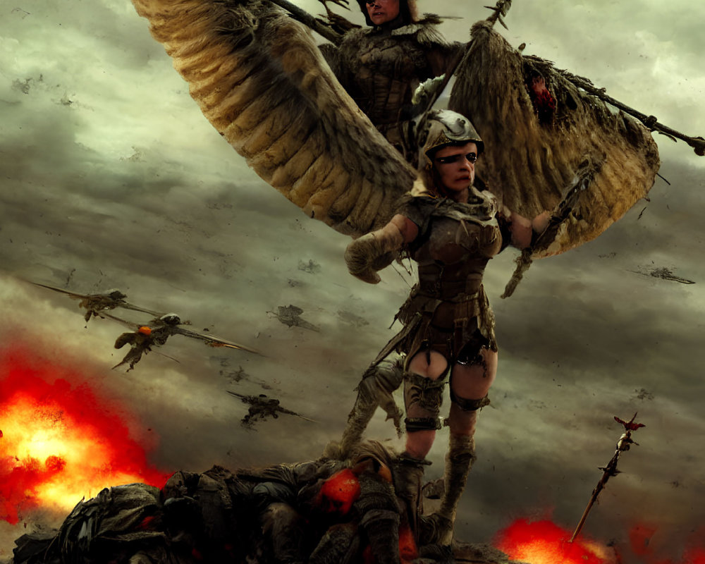 Dystopian warriors on eagle in battlefield with explosions