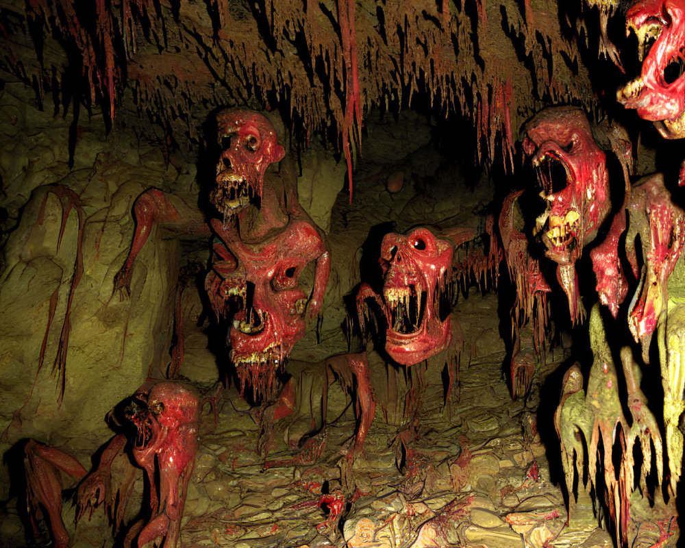 Dark cave with red skeletal creatures and stalactites