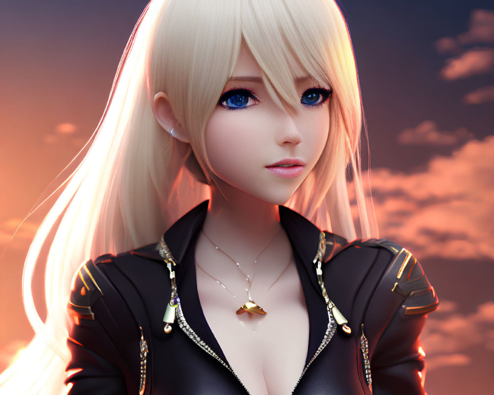 Blonde female character in black jacket against orange sky