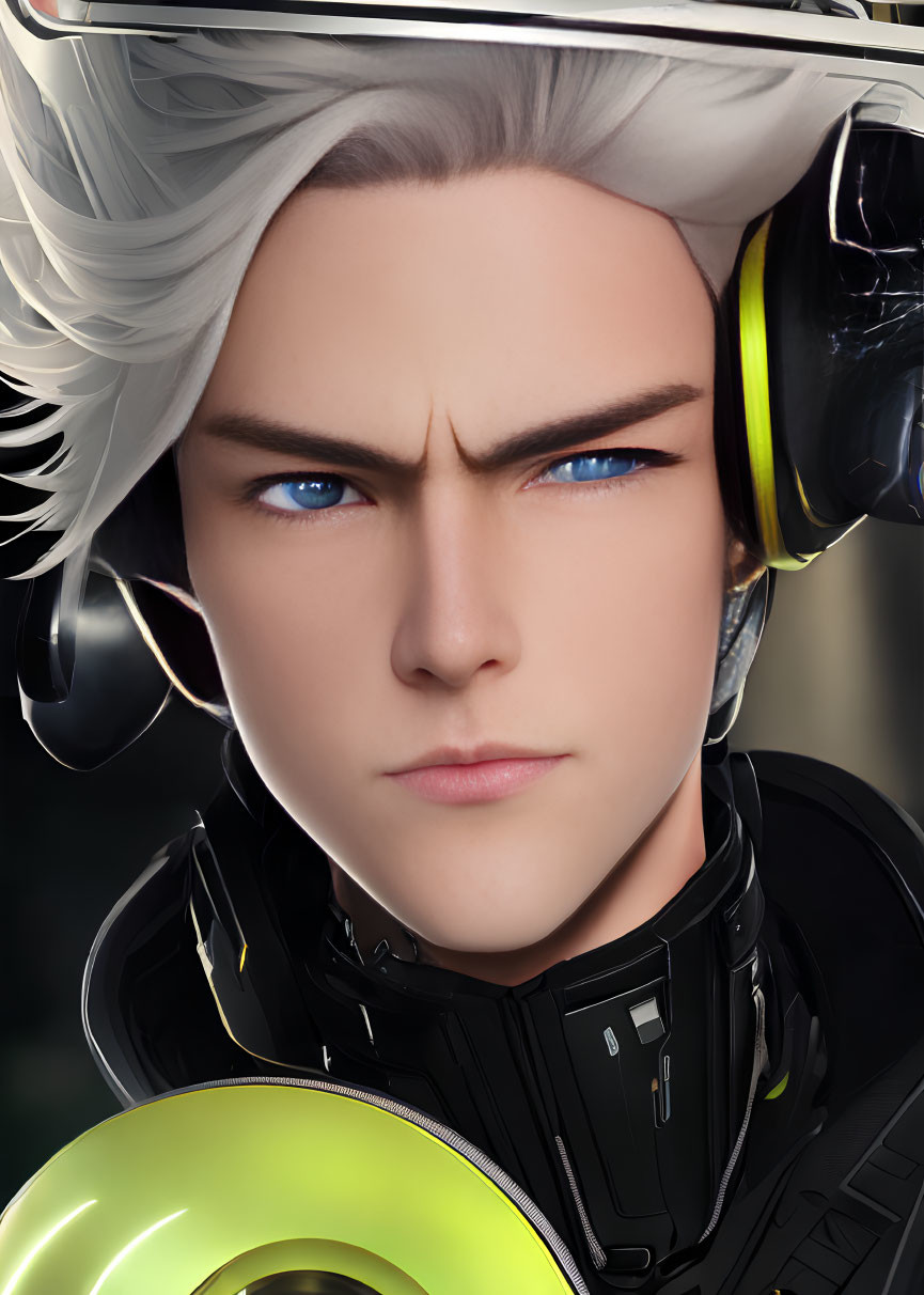 Male animated character with blue eyes, silver hair, headphones, futuristic black outfit