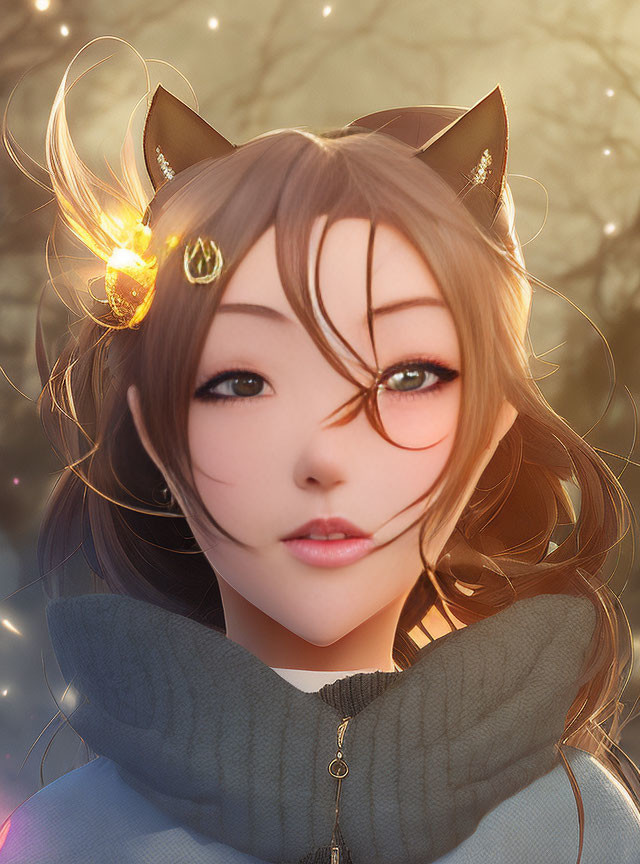 Digital Art: Girl with Cat Ears in Hoodie and Whimsical Expression
