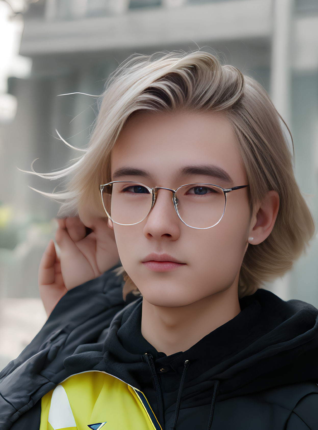 Blond-Haired Person in Black Jacket and Glasses Portrait
