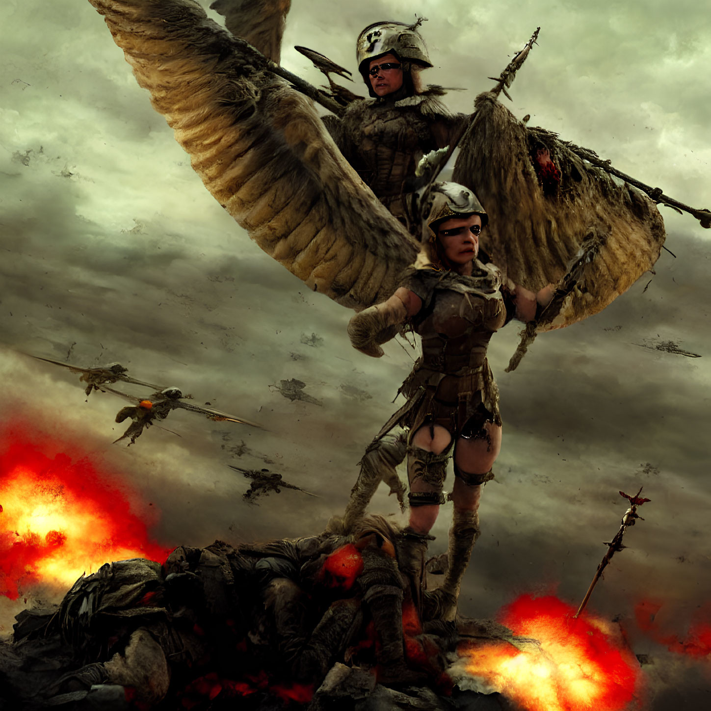 Dystopian warriors on eagle in battlefield with explosions