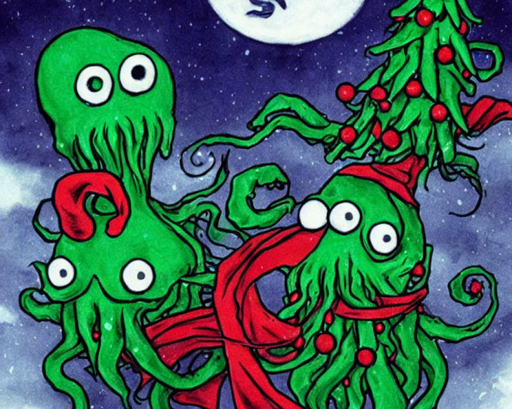 Cartoonish green octopuses with Santa hat and Christmas tree under full moon
