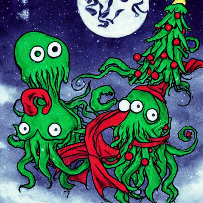 Cartoonish green octopuses with Santa hat and Christmas tree under full moon