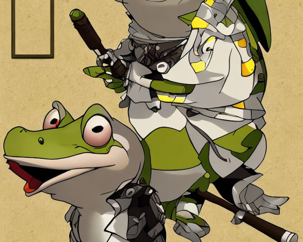 Anthropomorphic frogs in ninja warrior attire with armor and weapons