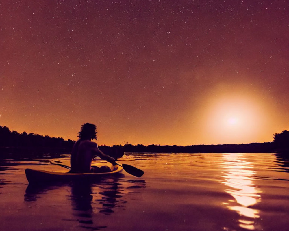 Person kayaking on tranquil lake under starry sky at glowing horizon
