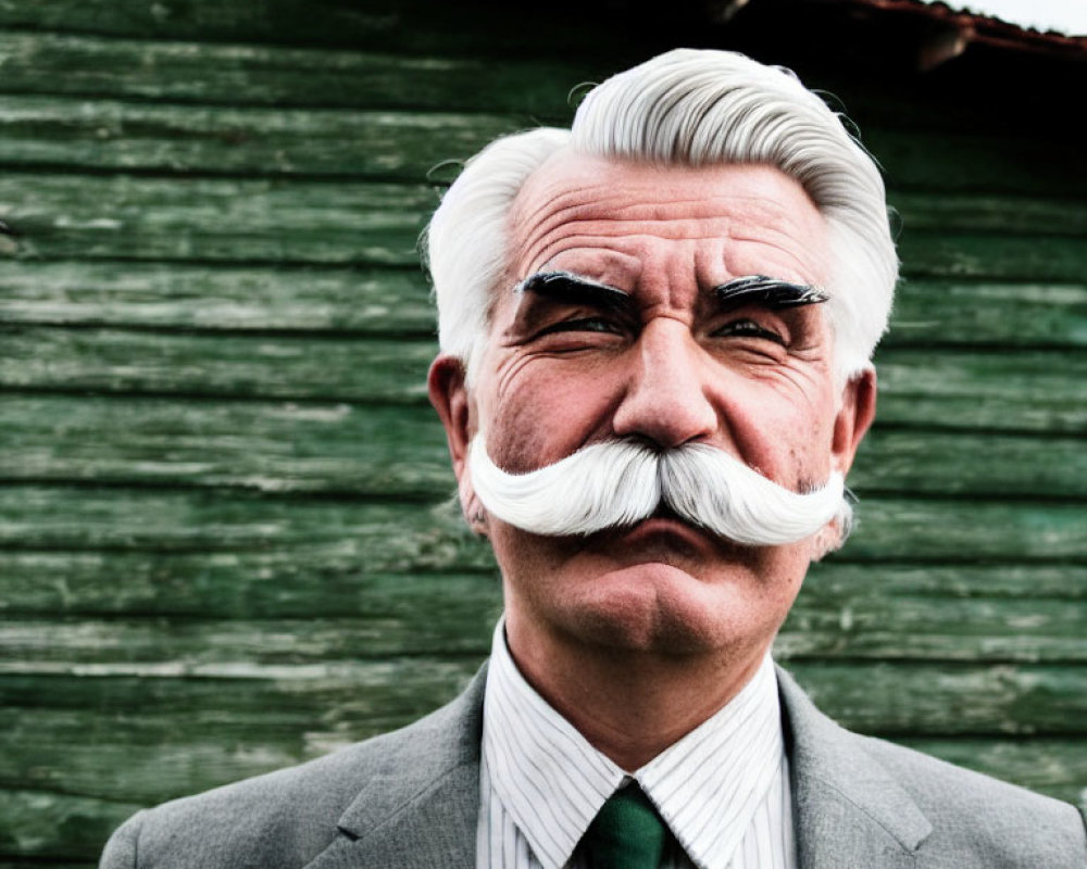 Elderly man in suit with white mustache against green backdrop