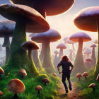 Red-haired person running in enchanting forest with oversized mushrooms under twilight sky