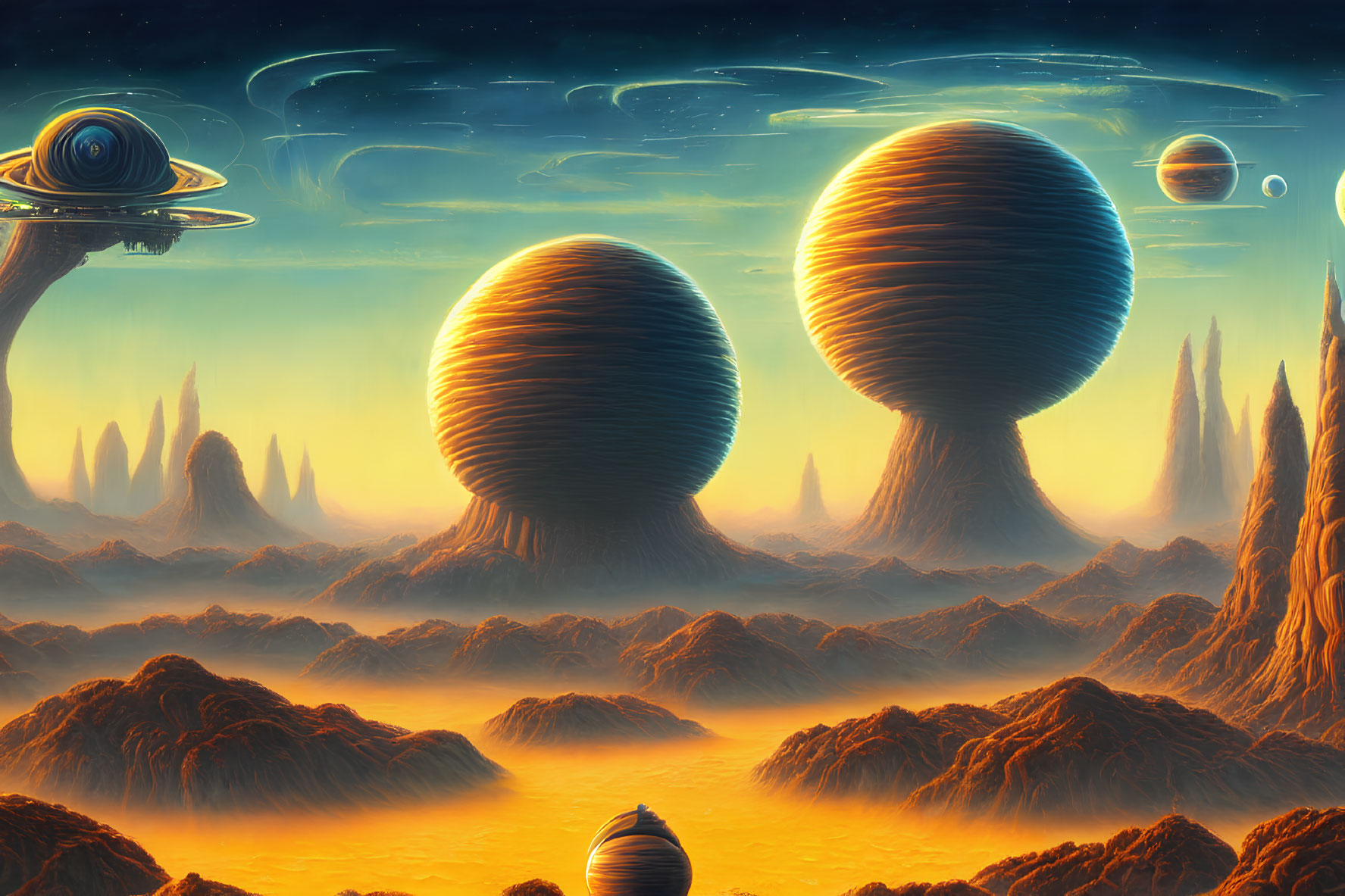 Surreal sci-fi landscape with egg-shaped structures and rocky terrain