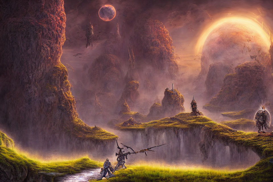Warriors in Fantasy Landscape with Rock Formations, Waterfalls, Moon, and Cosmic Sky
