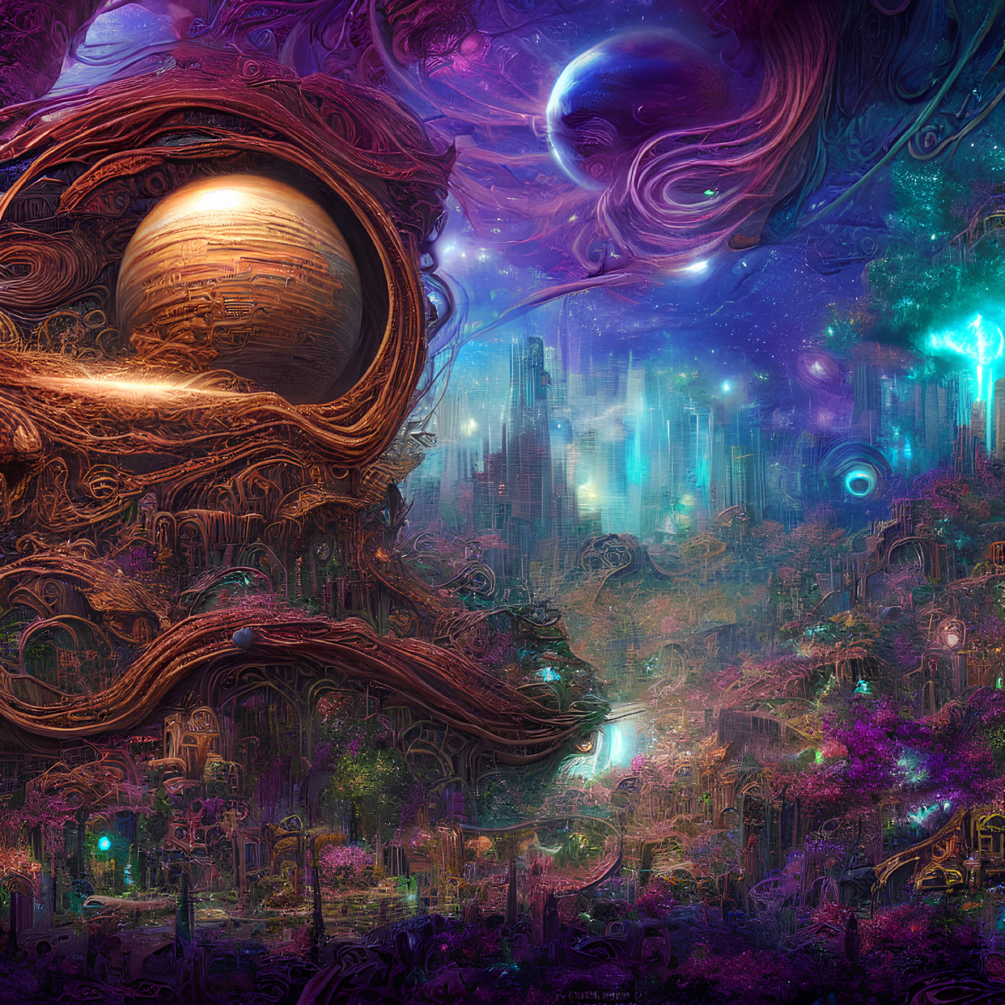 Fantasy landscape with alien architecture, cosmic bodies, and neon flora