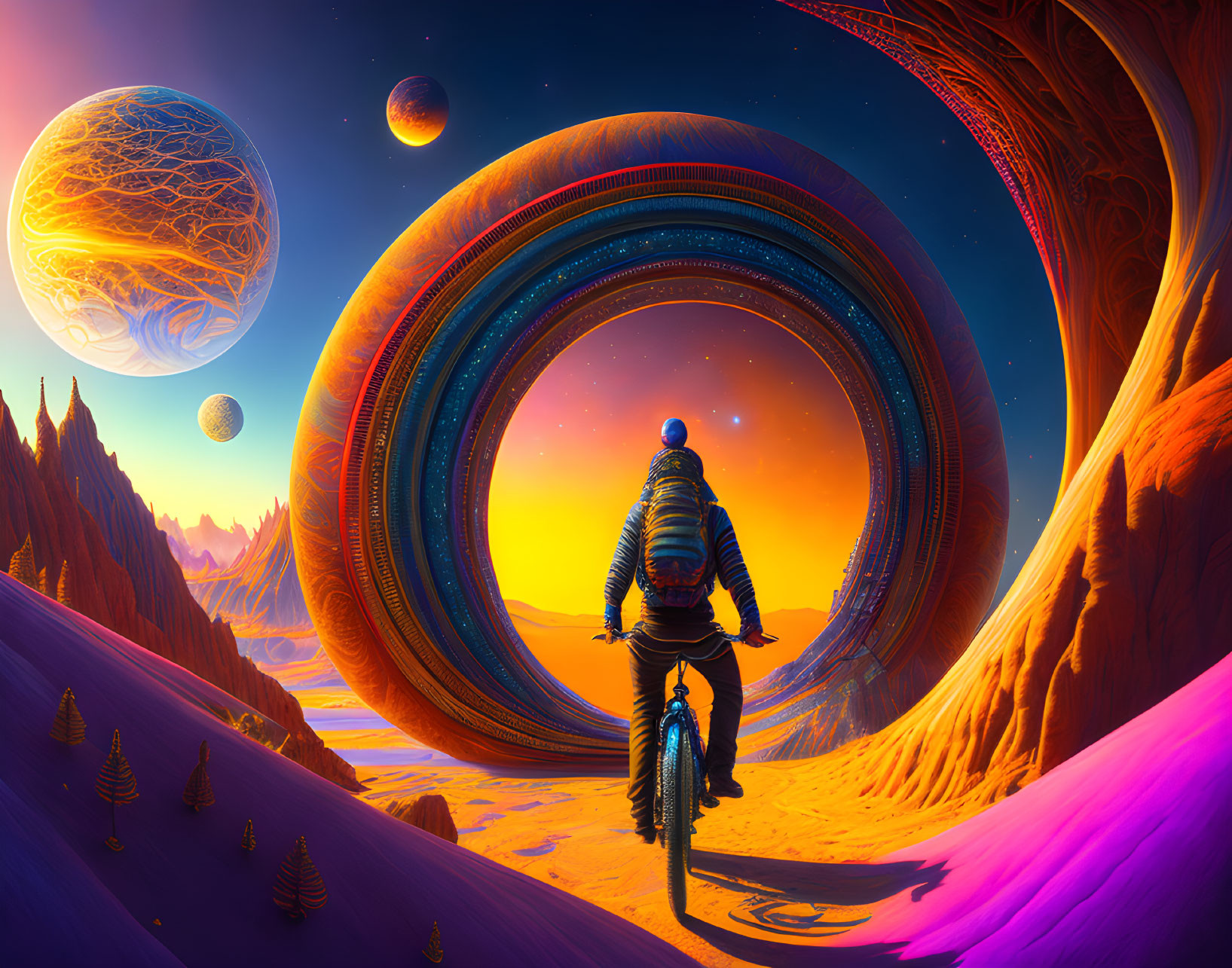 Cyclist in front of swirling portal on vibrant alien landscape