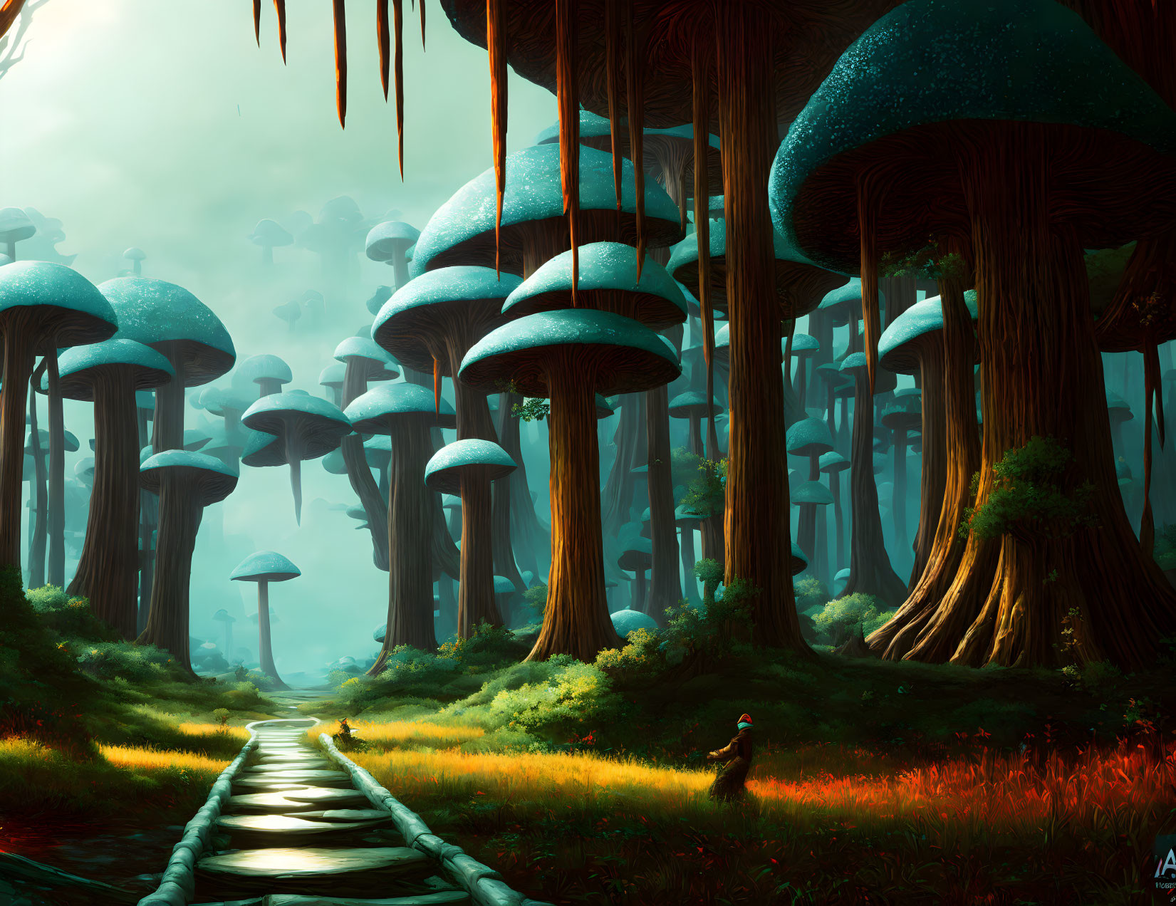 Enormous Mushroom Trees in Fantastical Forest with Wooden Walkway