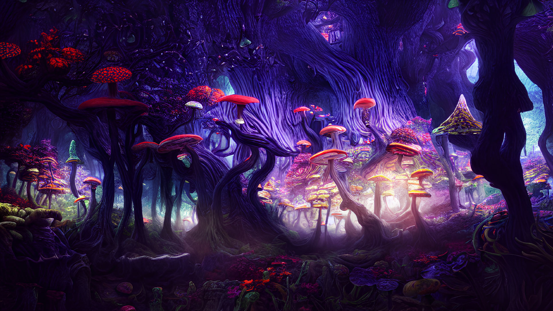 Enchanting Forest with Luminescent Mushrooms and Twisted Trees
