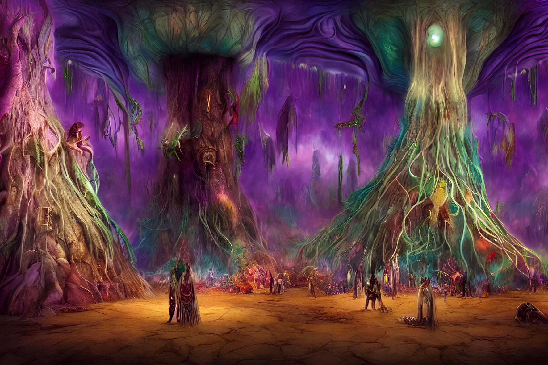 Fantastical landscape with towering trees and mystical figures in purple and green palette