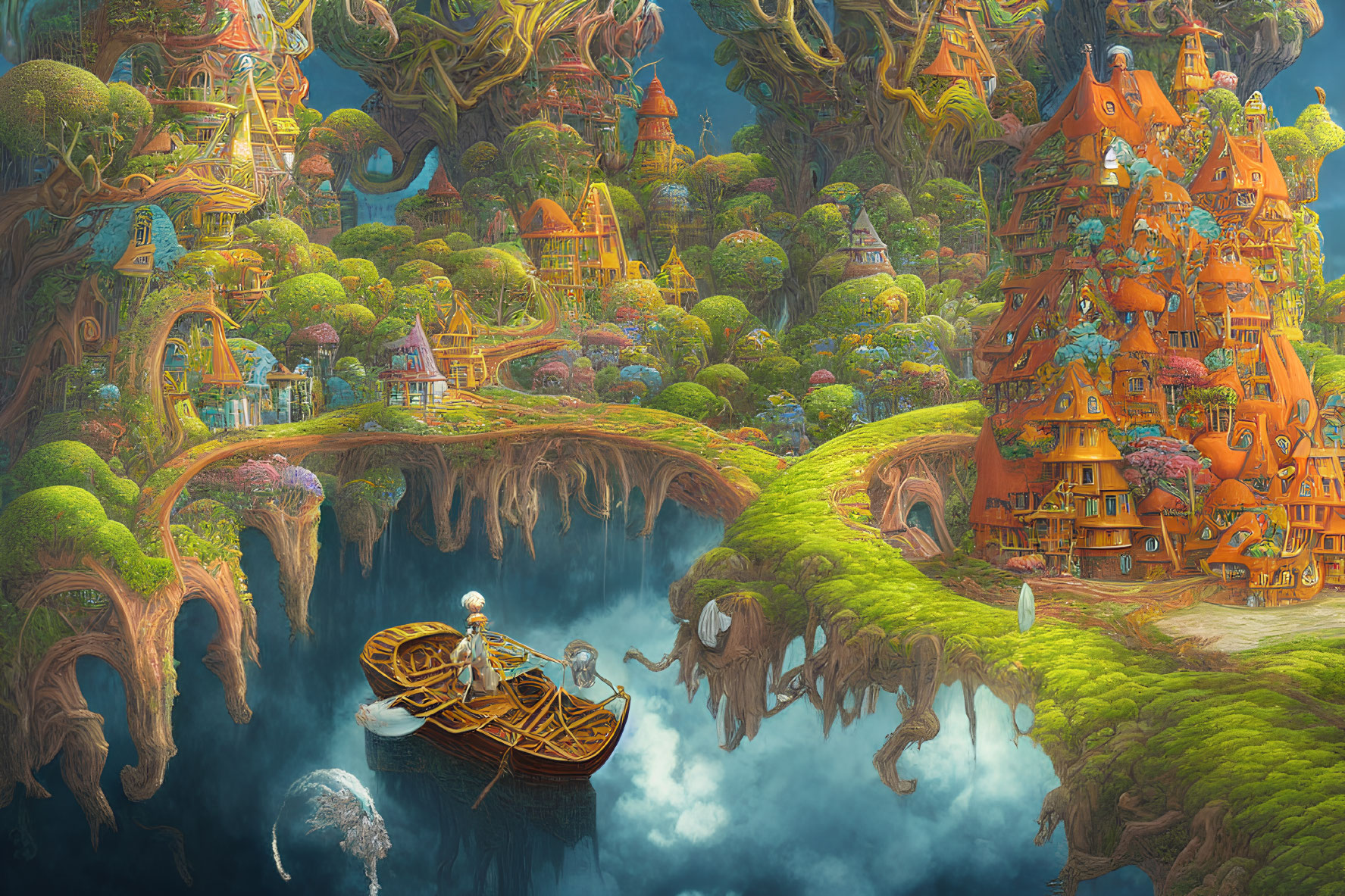 Vibrant fantasy landscape with whimsical tree-like structures and floating islands