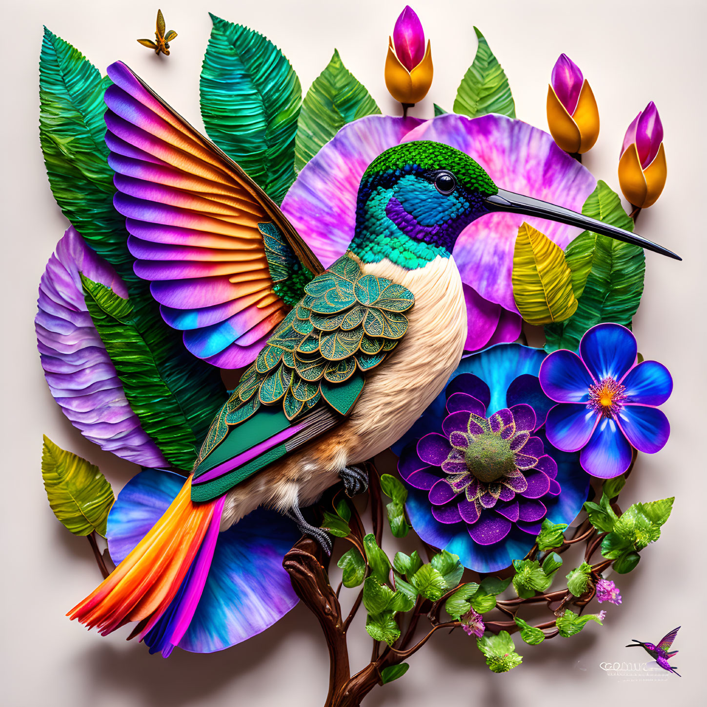 Colorful hummingbird surrounded by vibrant flowers and insects