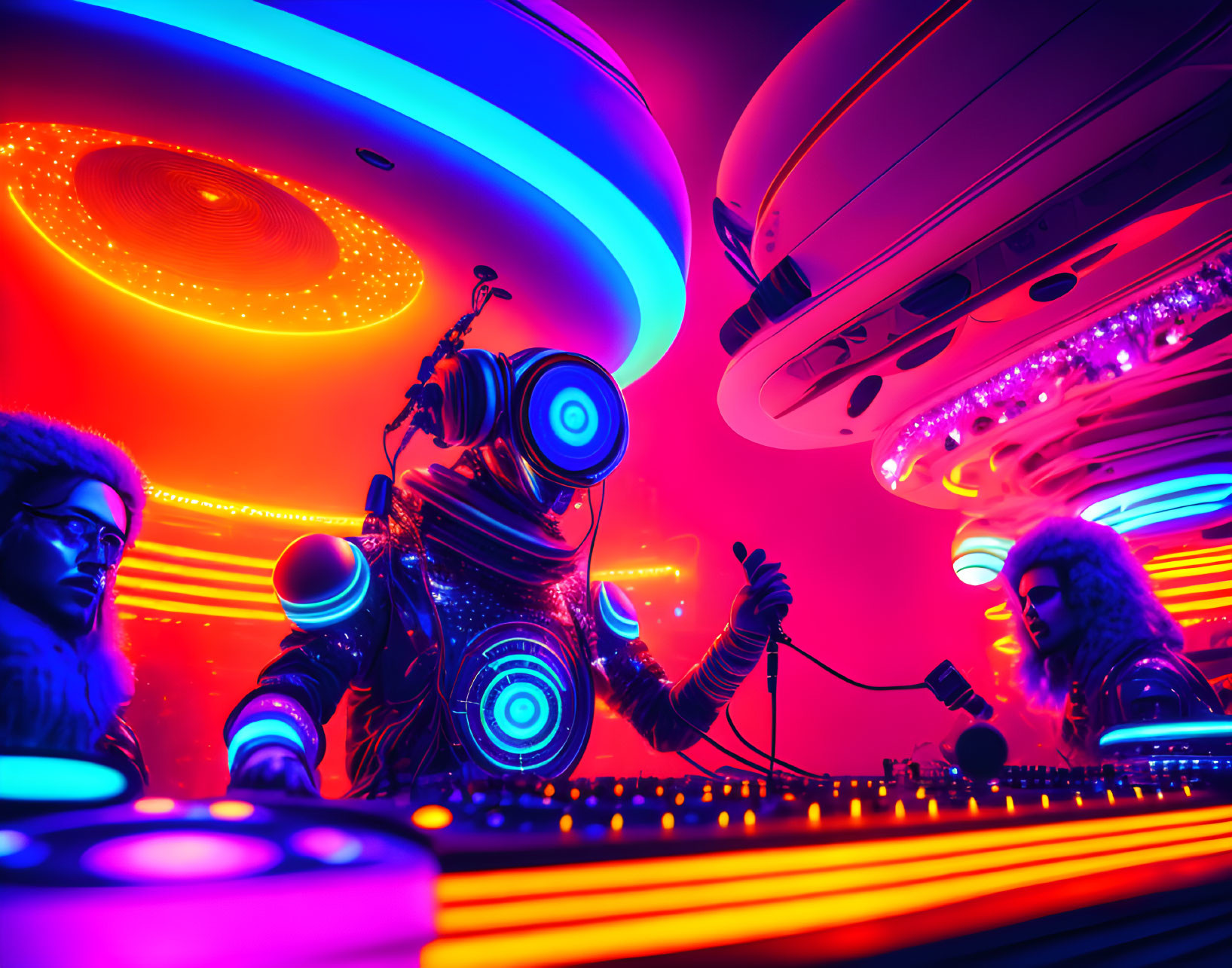 Futuristic DJ in neon-lit club with stylish partygoers