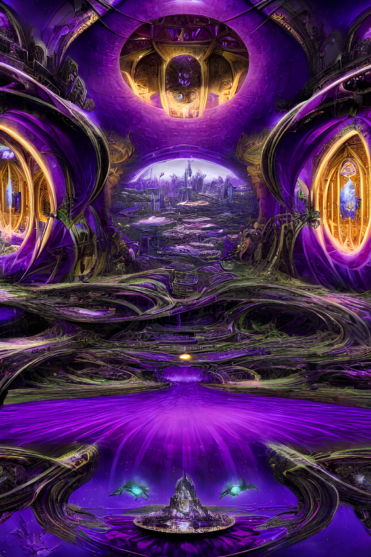 Futuristic alien city with purple and golden hues and advanced architecture