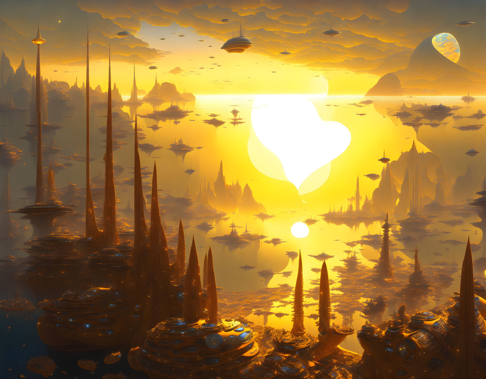 Sci-fi sunset landscape with towering spires and floating structures